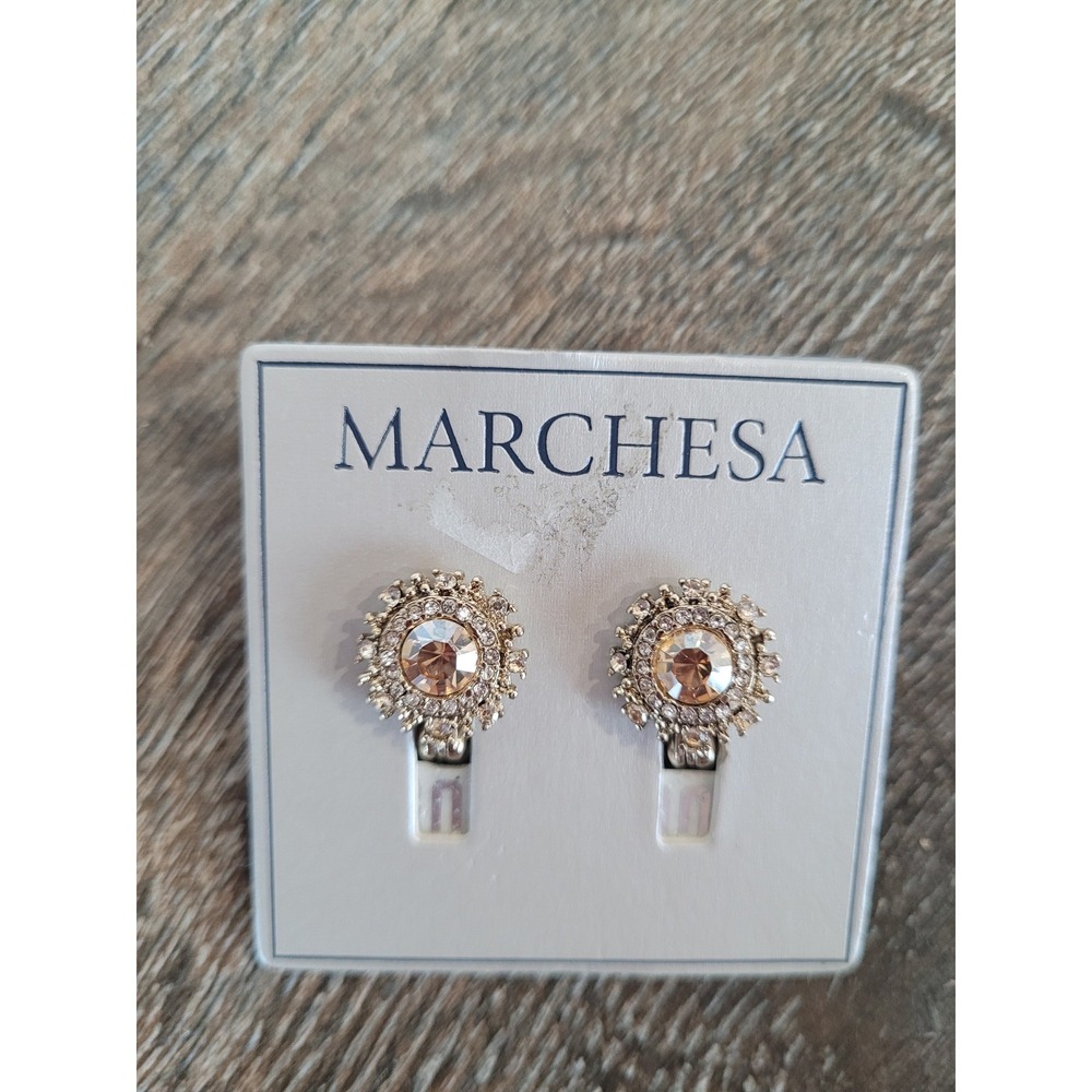 Marchesa Silver Tone Champagne Crystal Sunburst Halo Earrings Studs‎ Round #3